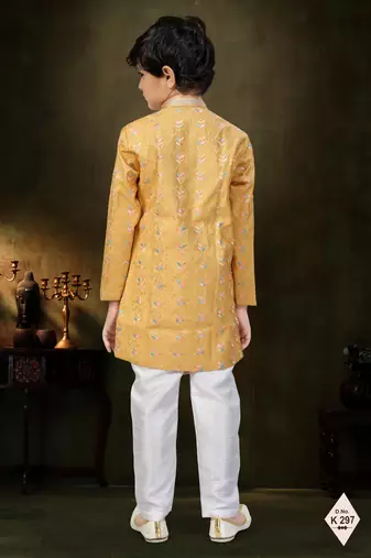 Yellow dupion silk embroidered indo western set for boys