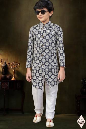 Blue dupion silk embroidered indo western set for boys