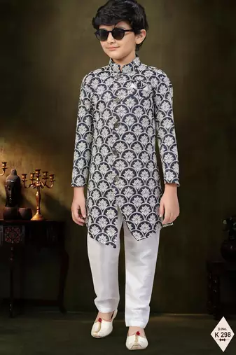 Blue dupion silk embroidered indo western set for boys