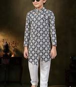 Blue dupion silk embroidered indo western set for boys