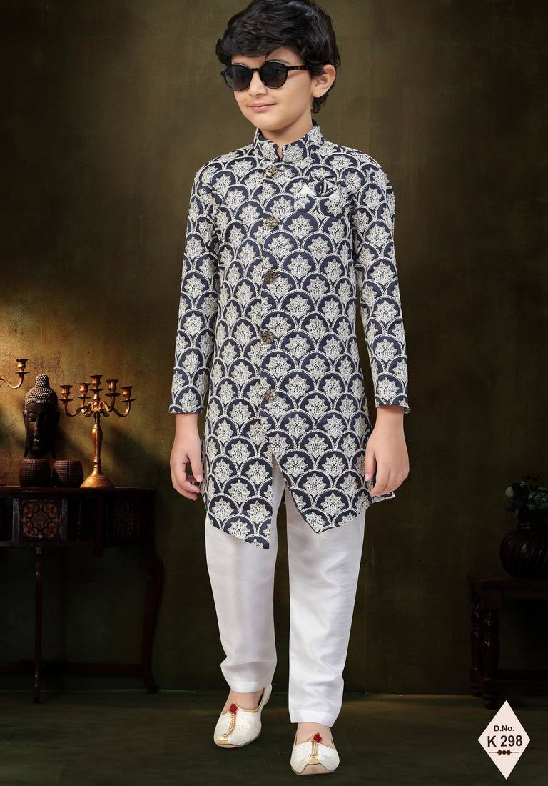Blue dupion silk embroidered indo western set for boys