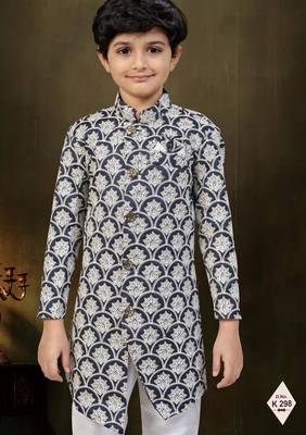 Blue dupion silk embroidered indo western set for boys 2