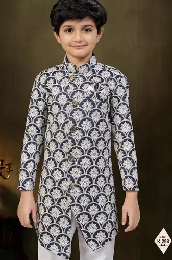 Blue dupion silk embroidered indo western set for boys