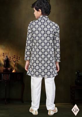 Blue dupion silk embroidered indo western set for boys 3