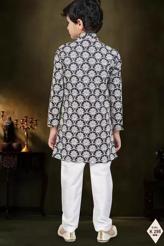 Blue dupion silk embroidered indo western set for boys
