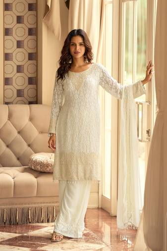White georgette free size stitched suit with embroidery & beads work