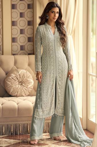 Sea green georgette free size stitched suit with embroidery & beads work