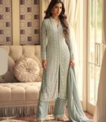 Sea green georgette free size stitched suit with embroidery & beads work
