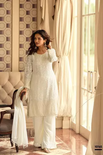 White georgette free size stitched suit with embroidery & beads work
