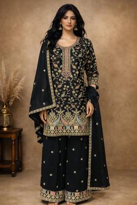 Black chinon free size stitched plazzo suit with embroidery  1