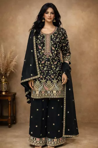 Black chinon free size stitched plazzo suit with embroidery work