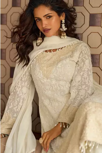 White georgette free size stitched suit with embroidery & beads work