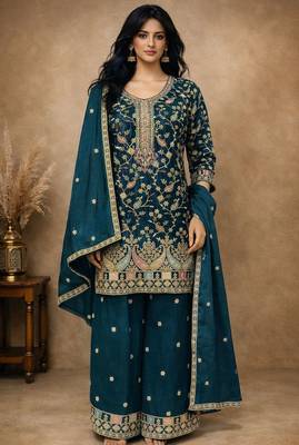 Teal chinon free size stitched plazzo suit with embroidery  1