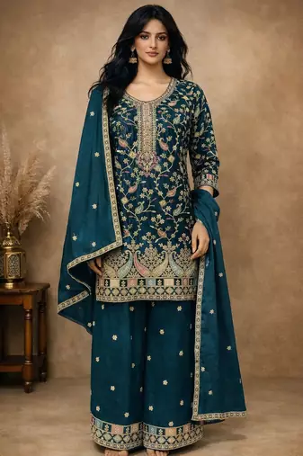 Teal chinon free size stitched plazzo suit with embroidery work