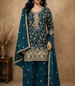 Teal chinon free size stitched plazzo suit with embroidery work