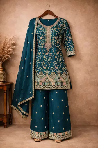 Teal chinon free size stitched plazzo suit with embroidery 