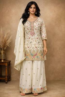 White chinon free size stitched plazzo suit with embroidery  1
