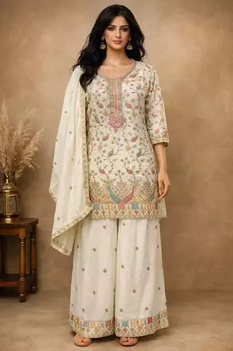 White chinon free size stitched plazzo suit with embroidery work