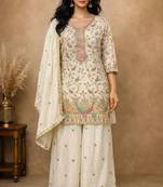 White chinon free size stitched plazzo suit with embroidery work