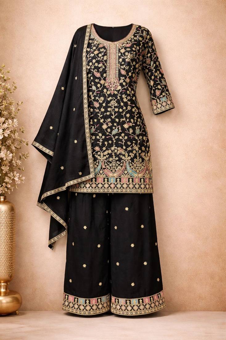 Black chinon free size stitched plazzo suit with embroidery work