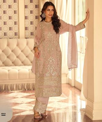 Peach georgette free size stitched suit with embroidered beads  1