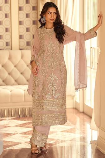 Peach georgette free size stitched suit with embroidery & beads work