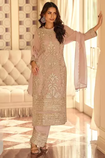 Peach georgette free size stitched suit with embroidery & beads work
