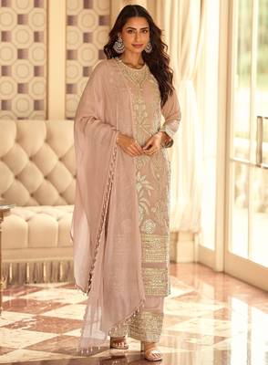 Peach georgette free size stitched suit with embroidered beads  2