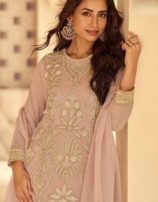 Peach georgette free size stitched suit with embroidered beads  3