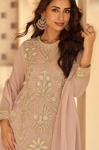 Peach georgette free size stitched suit with embroidered beads 