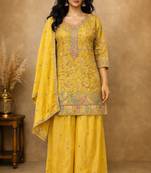 Yellow chinon free size stitched plazzo suit with embroidery work