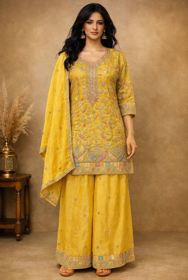 Yellow chinon free size stitched plazzo suit with embroidery work
