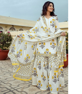 White Cotton Printed Short Kurta With Palazzo & Dupatta Set For Women 1