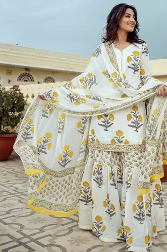 White Cotton Printed Short Kurta With Palazzo & Dupatta Set For Women