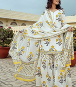 White Cotton Printed Short Kurta With Palazzo & Dupatta Set For Women