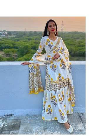 White Cotton Printed Short Kurta With Palazzo & Dupatta Set For Women 2