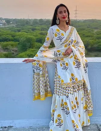 White Cotton Printed Short Kurta With Palazzo & Dupatta Set For Women