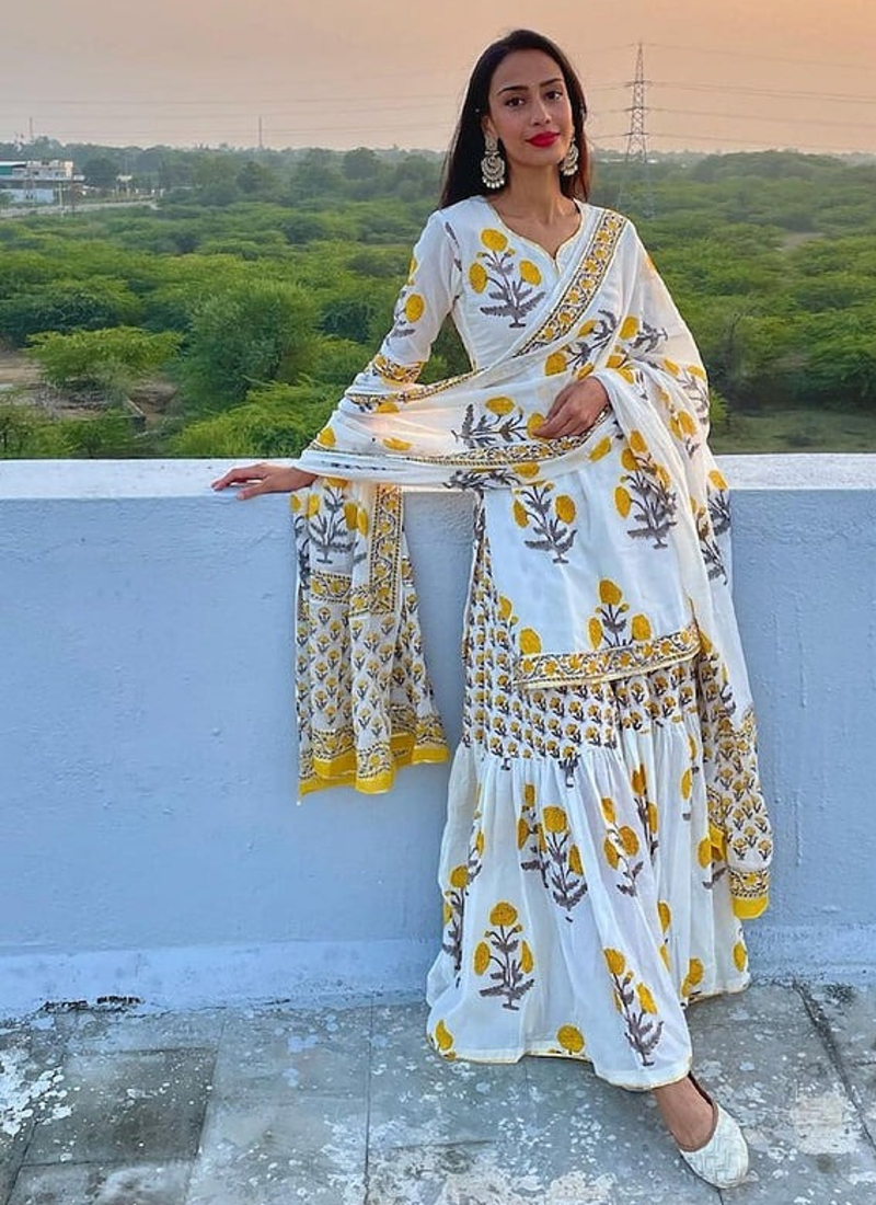 White Cotton Printed Short Kurta With Palazzo & Dupatta Set For Women