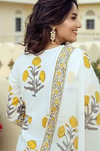 White Cotton Printed Short Kurta With Palazzo & Dupatta Set For Women
