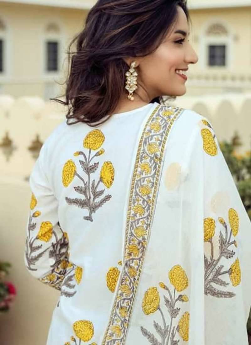 White Cotton Printed Short Kurta With Palazzo & Dupatta Set For Women