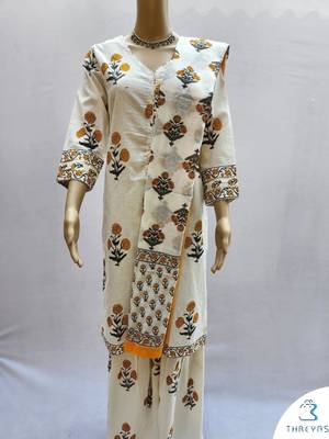 White Cotton Printed Short Kurta With Palazzo & Dupatta Set For Women 4