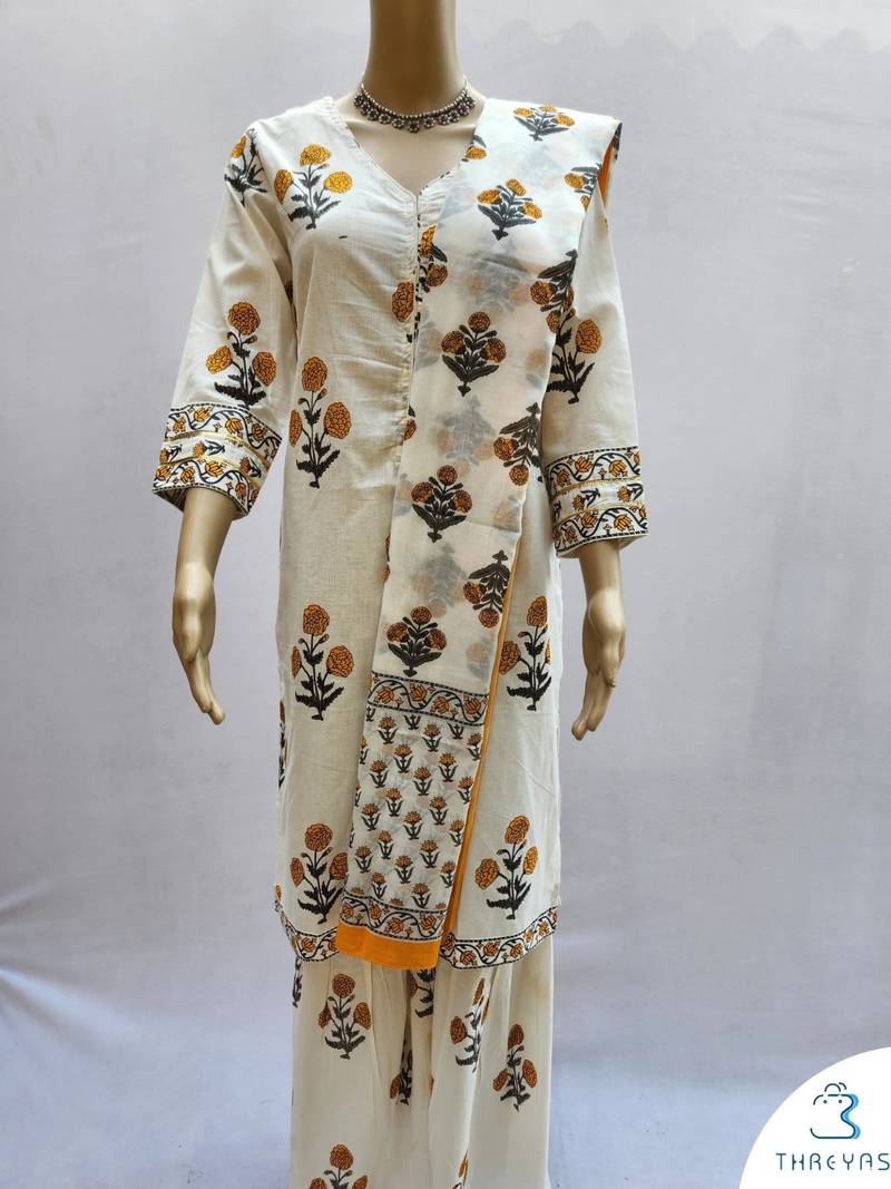 White Cotton Printed Short Kurta With Palazzo & Dupatta Set For Women
