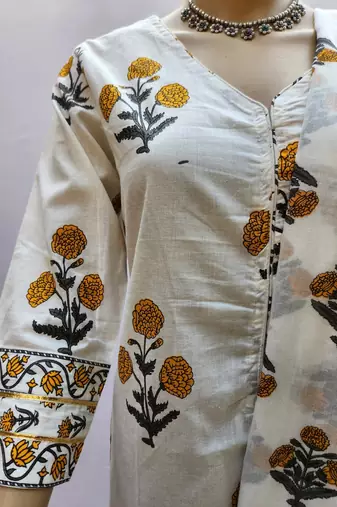 White Cotton Printed Short Kurta With Palazzo & Dupatta Set For Women