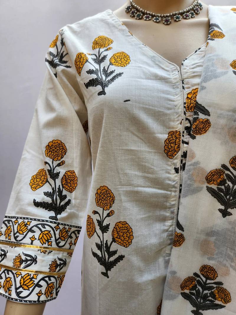 White Cotton Printed Short Kurta With Palazzo & Dupatta Set For Women