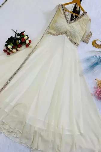 Cream mirror-work georgette Gown.