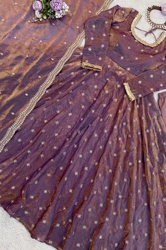 Dual-tone purple metallic silk blend anarkali set