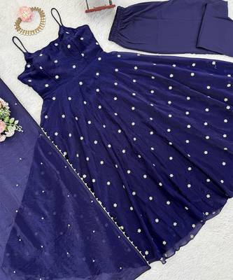 Midnight navy strappy anarkali gown 5
