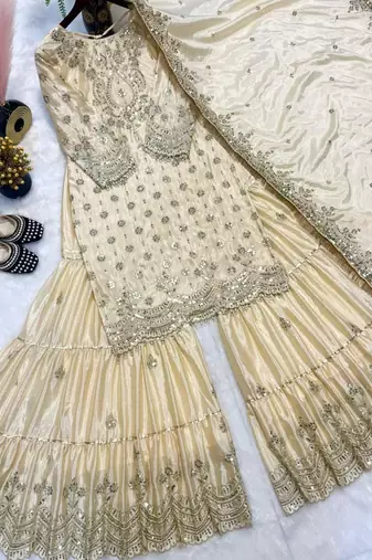 Chinon ivory mirror-work sharara suit
