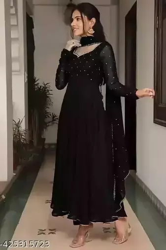 Black stone work full flared anarkali with dupatta