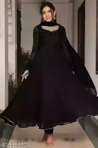 Black stone work full flared anarkali with dupatta